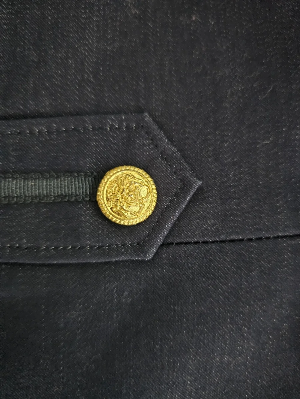 Sharon Young Dark Denim Stretch Military Jacket Gold Button Open Front Sz 12